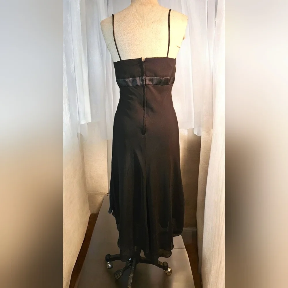Black Asymmetrical Dress. Satin Waist. Flowy Hem. Size 8. Spaghetti Staps - Picture 7 of 7